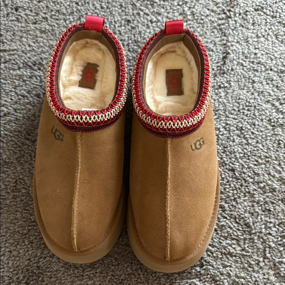 UGG Chestnut Suede Slippers with Red Trim